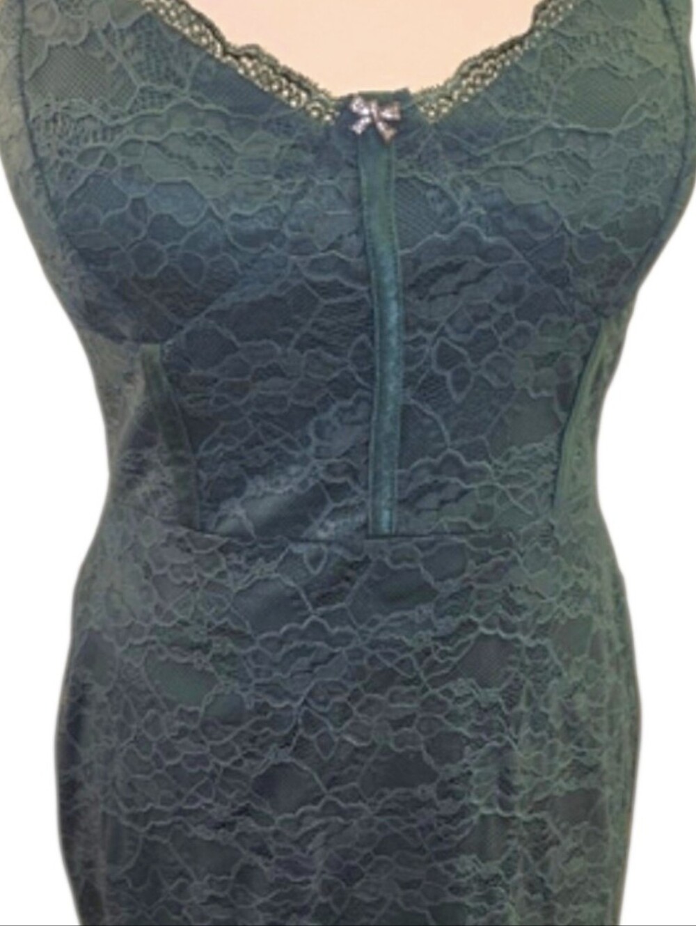 AUW Vintage Dark Green Bodic Slip Dress With Lace & Delicate Bow Size Large - Picture 2 of 11
